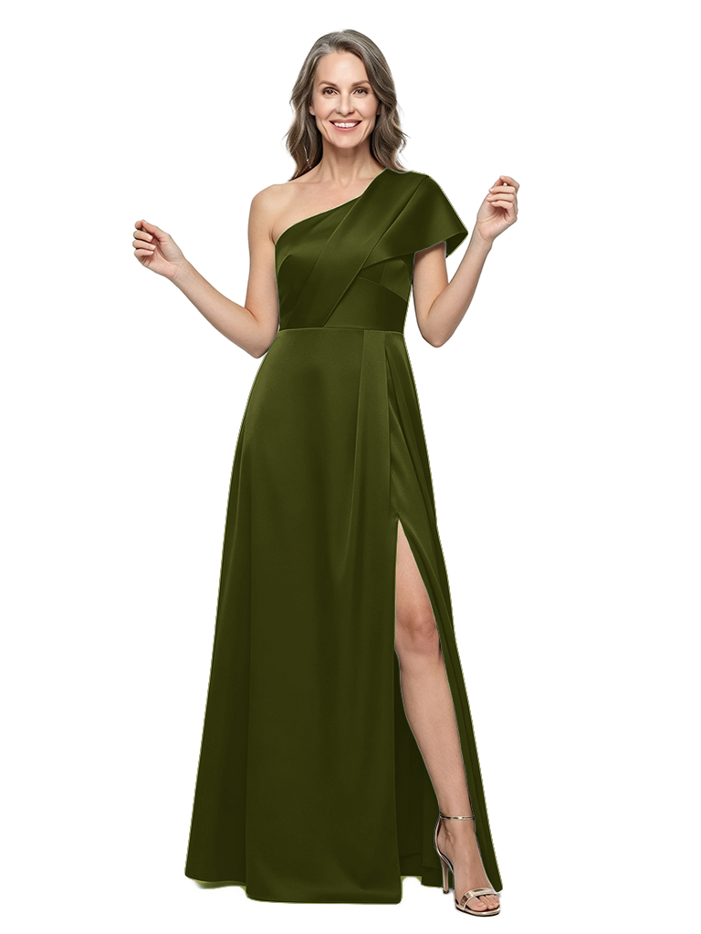 ChicSew One Shoulder Satin Floor Length A-Line Mother of the Bride Dress - Olive-green