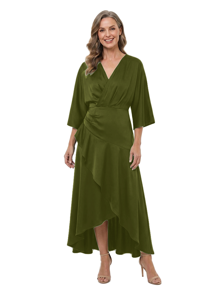 ChicSew V-Neck Sleeve Satin High Low Hem Mother of the Bride Dress With Asymmetrical Ruffle - Olive-green
