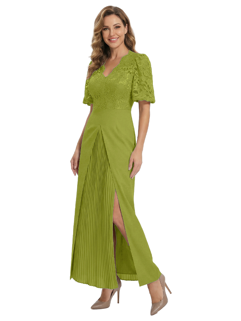 Glamorous Short Sleeves V-Neck A-line Lace Pleated Chiffon Mother of The Bride Dress - Olive-green