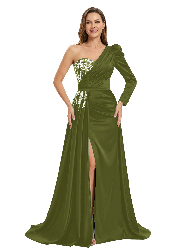 One Shoulder Side Slit Lace Satin Mother of The Groom Dress Long Sleeve Maxi Gown - Olive-green