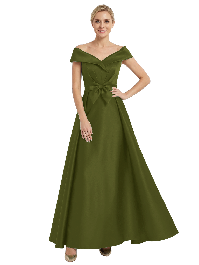 Chicsew Mother of The Bride Dress Gorgeous Off Shoulder Bow Detail Satin A-Line Maxi Gown - Olive-green