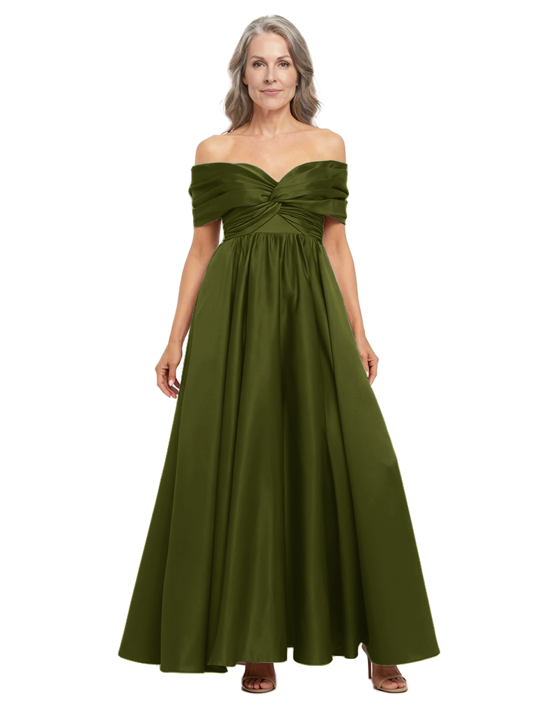 ChicSew Stunning Off The Shoulder A-Line Silky Satin Mother Of The Groom Dress Pleated Formal Gown - Olive-green