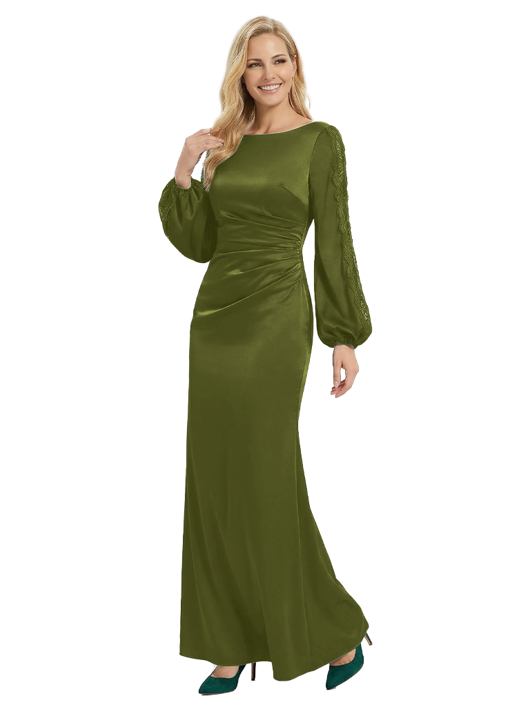 Elegant long Sleeves Jewel Floor-Length Pleat Satin Mother of the Groom Evening Dress - Olive-green