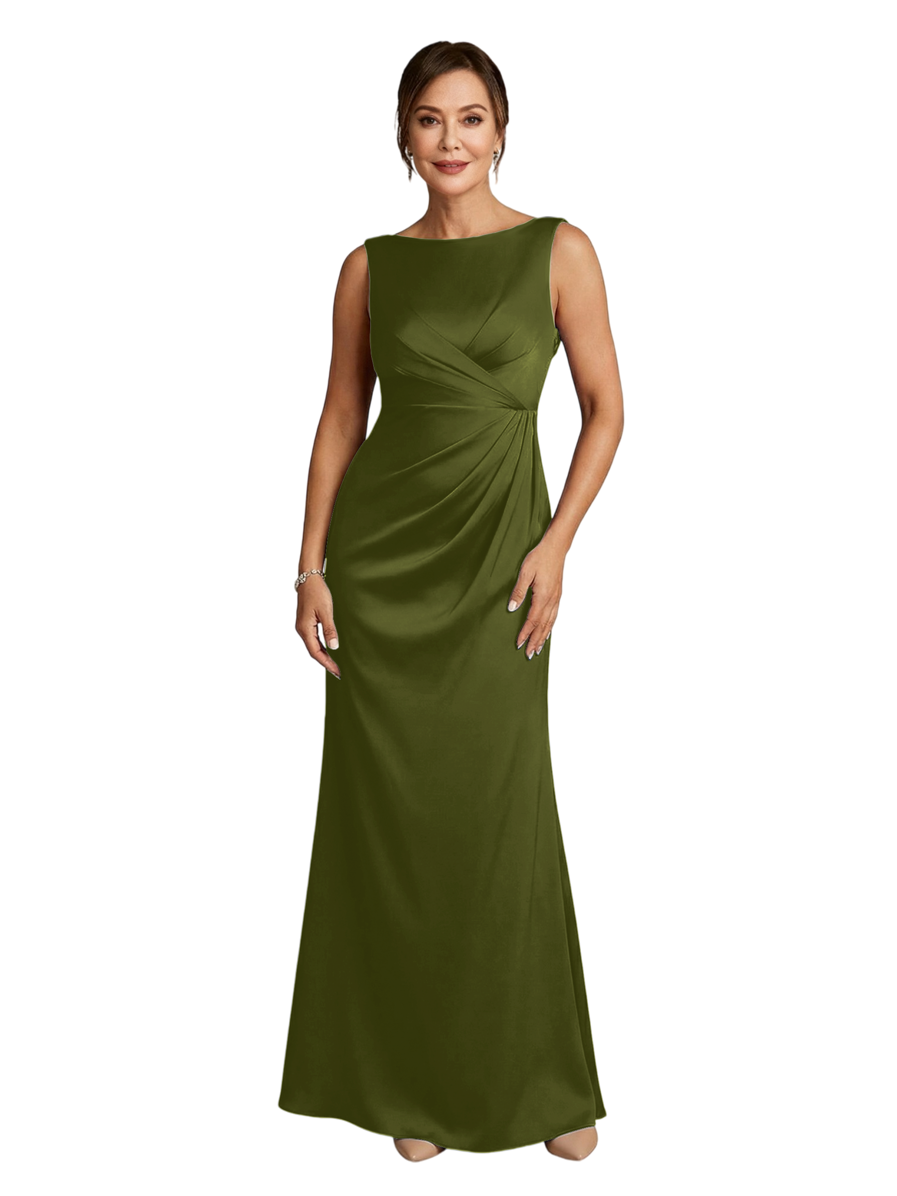 ChicSew Boat Neck Satin Mermaid Long Mother Of The Bride Dress With Ruched Waistline - Olive-green