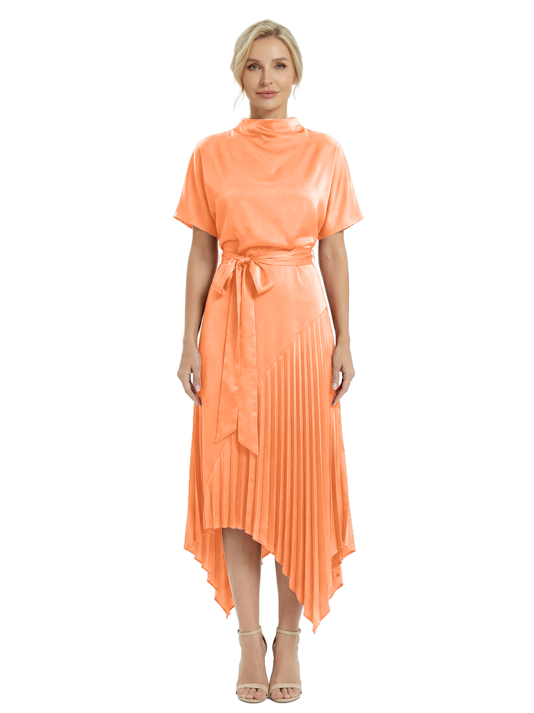 Chicsew Fashionable High Neck Short Sleeves With Pleated Asymmetric Hem Satin Mother Of The Bride Dress