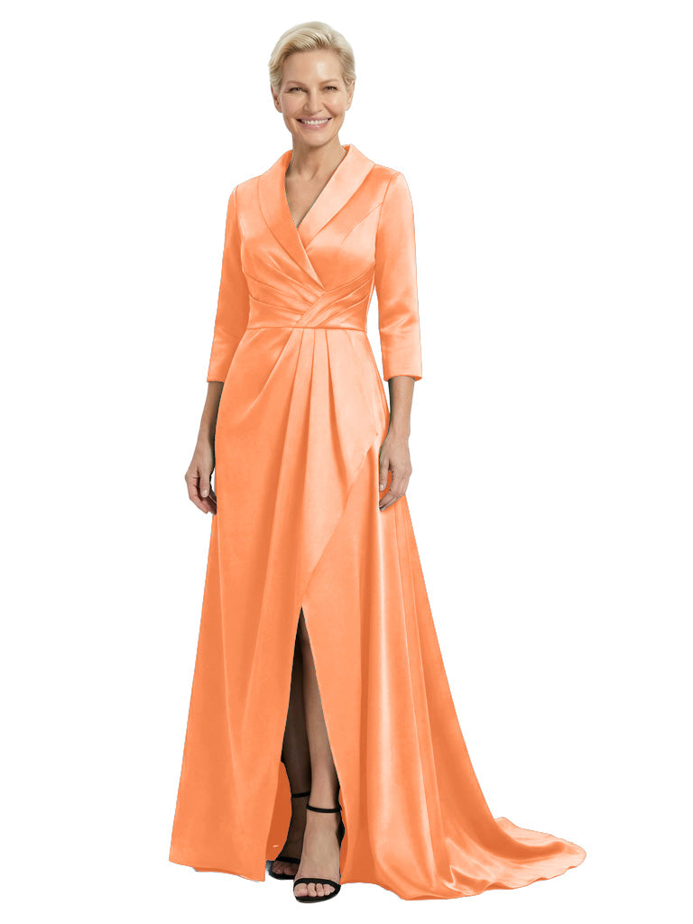 V-Neck Satin Mother Of The Bride Dress Sleeves A-Line Maxi Gown With Side Slit Train Formal Wedding Attire