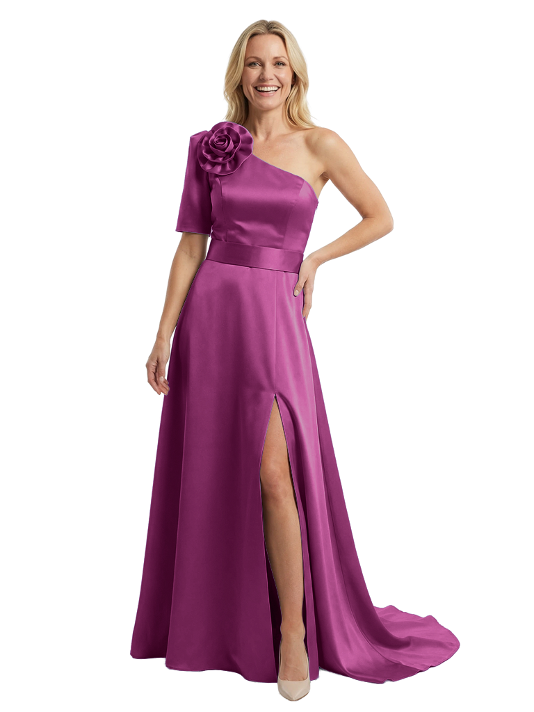 Stylish One Shoulder Short Sleeve Mother of The Bride Dress Side Slit A-Line Satin Fitted Maxi Gown