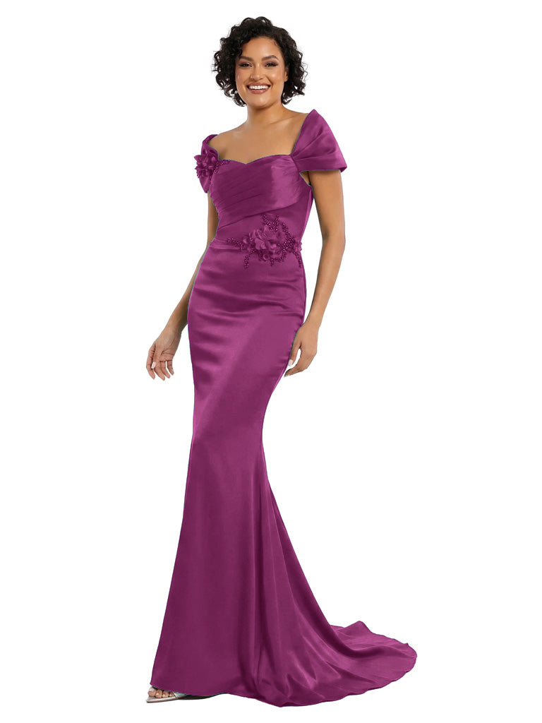 Off Shoulder Satin Mother Of The Bride Dress Mermaid Maxi Gown Formal Wedding Attire