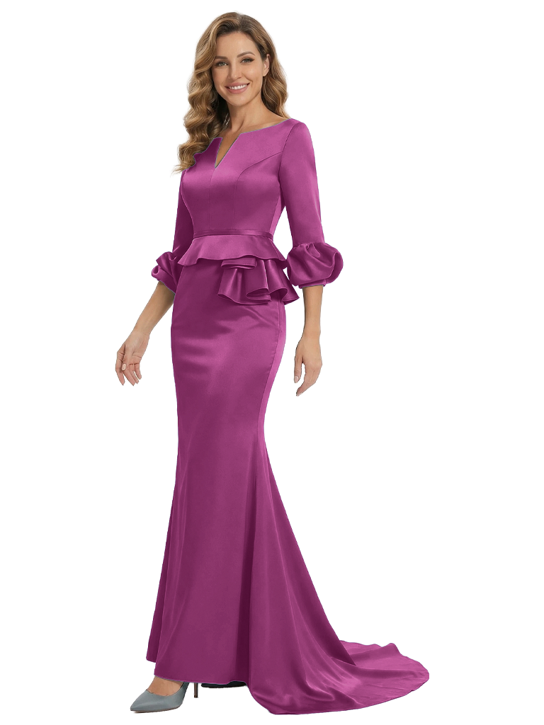 Elegant V-Neck Satin Mother of The Bride Dress With Sleeve Mermaid Maxi Gown With Train