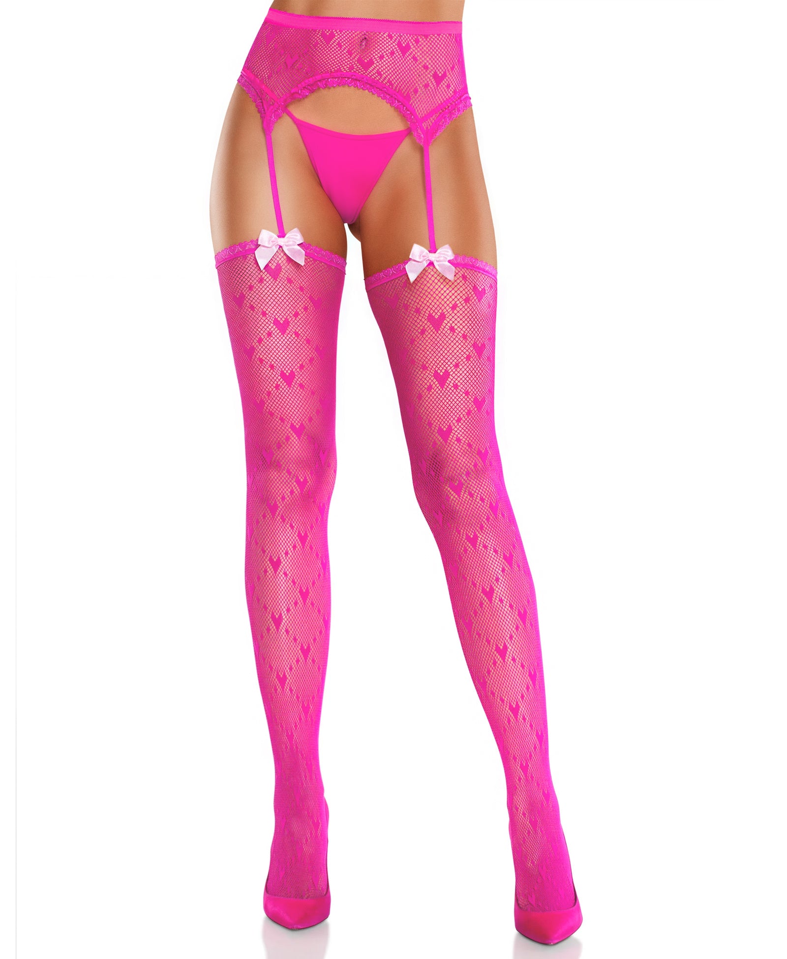 RSLOVE Fishnet Thigh High Stockings - Heart Thigh High Socks High Waist Garter Belt Suspender Pantyhose for Sexy Lingerie - Rose Red One size