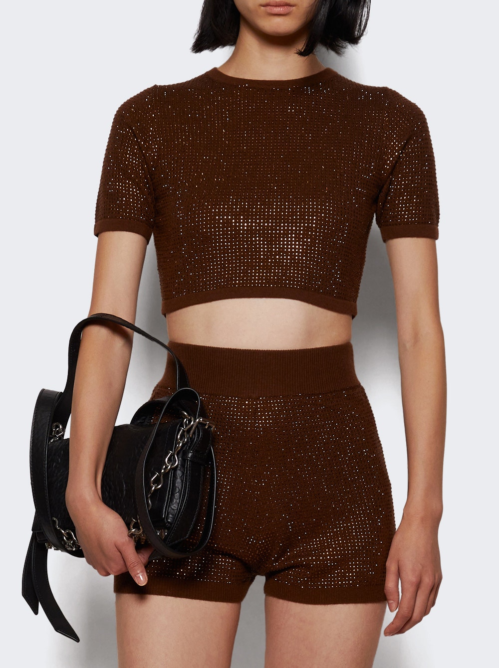 Rhinestone Embroidered Crop Top Brown
