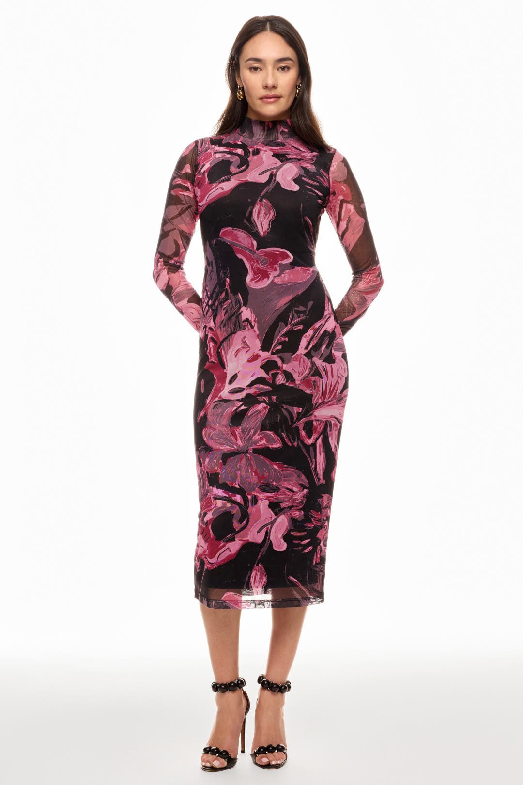 Prabal Gurung x RTR Abstract Floral Mesh Midi Dress Black-pink-print