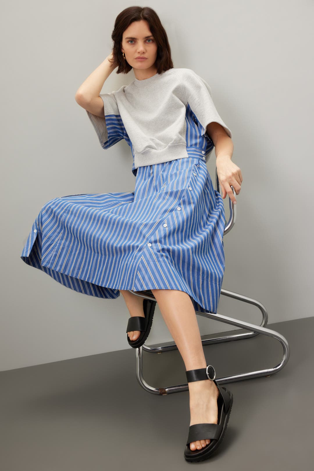 . Phillip Lim Short Sleeve French Terry Dress Blue-cream-print