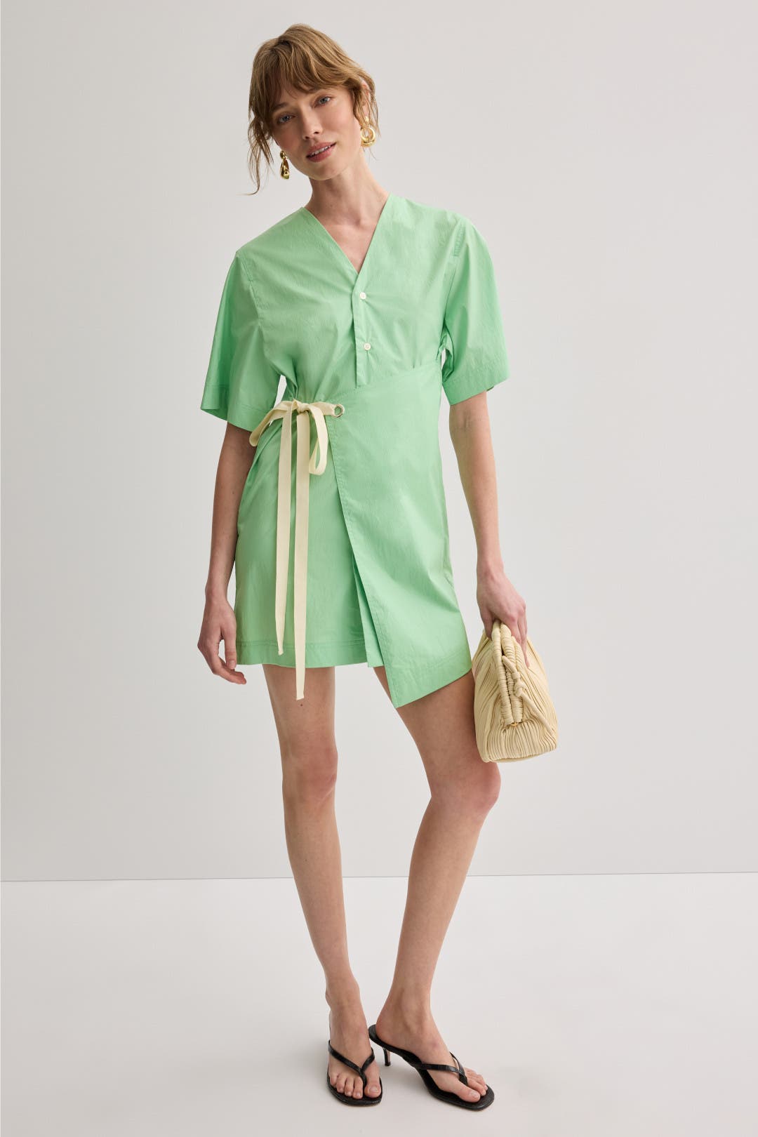 Plan C Short Sleeve Shirt Dress With Asymmetric Panel Green