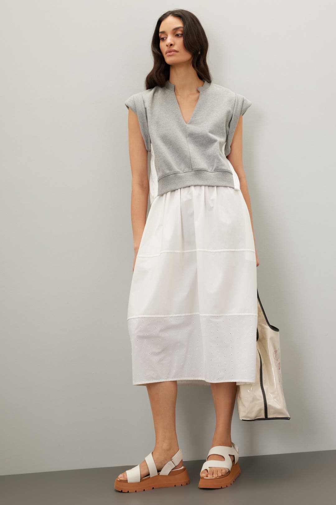 . Phillip Lim Combo Tiered Sweatshirt Midi Dress Grey-white-print