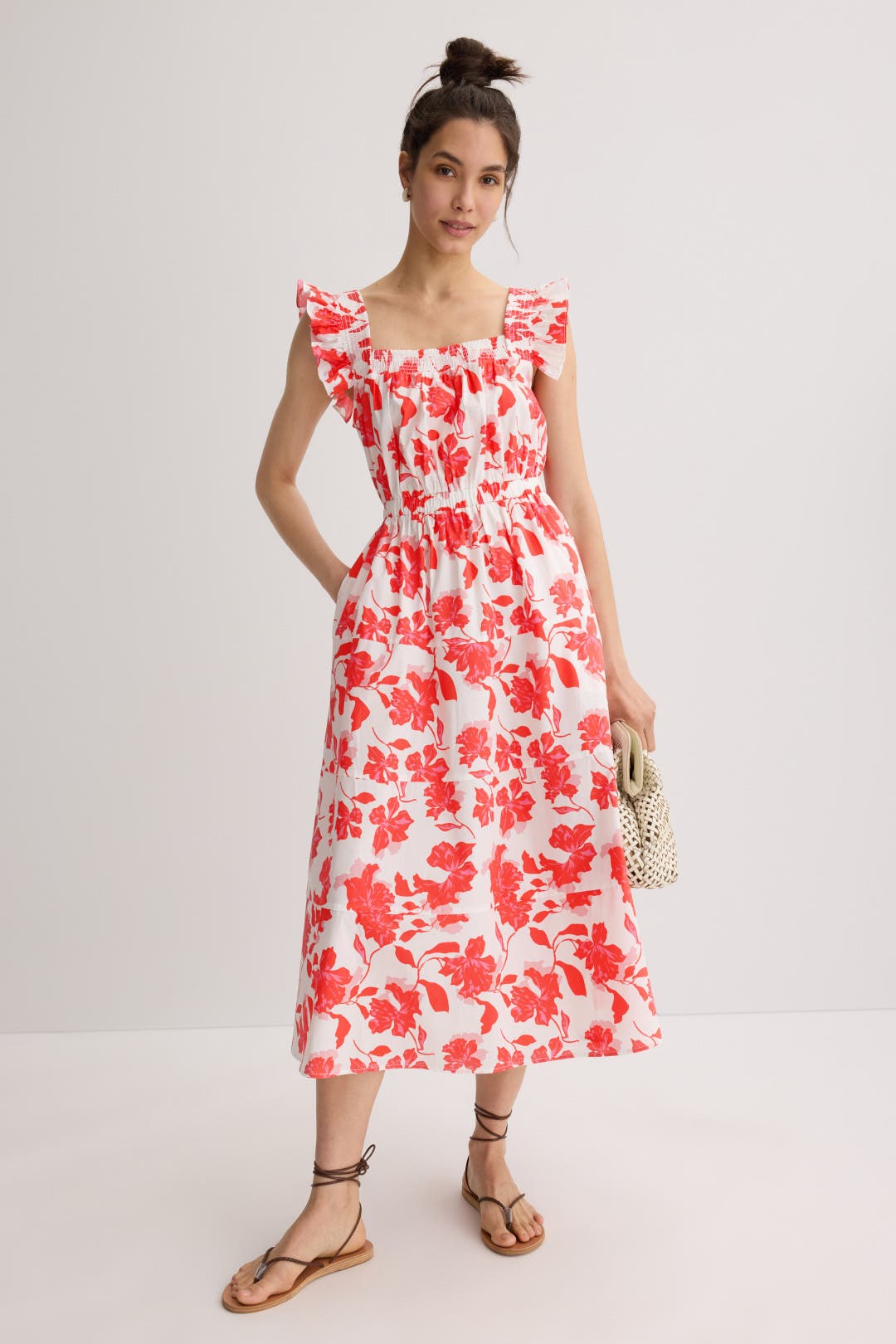 Peter Som x RTR Flutter Sleeve Midi Dress White-pink-print