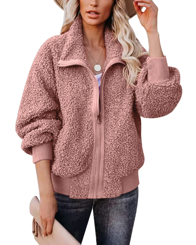 Fuzzy Fleece Jackets Oversized Open Front Coat Zipper OutwearTTShop - Zeagoo- Pink