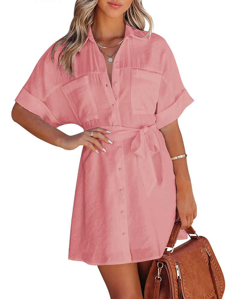 Women's Shirt Dress Button Down V Neck Blouse Short Roll-up Sleeve Tunic Tops with Pockets - Zeagoo- Pink