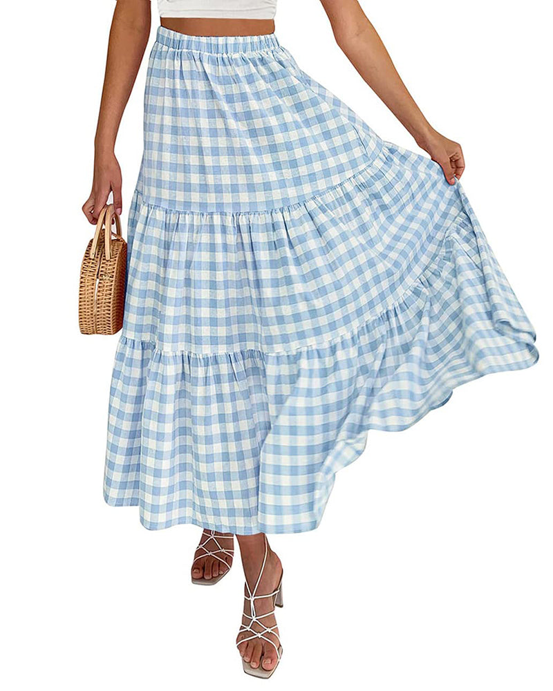 Women's Boho Elastic High Waist Ruffle A Line Swing Beach Long Maxi Skirt with Pockets - Zeagoo- Plaid Blue