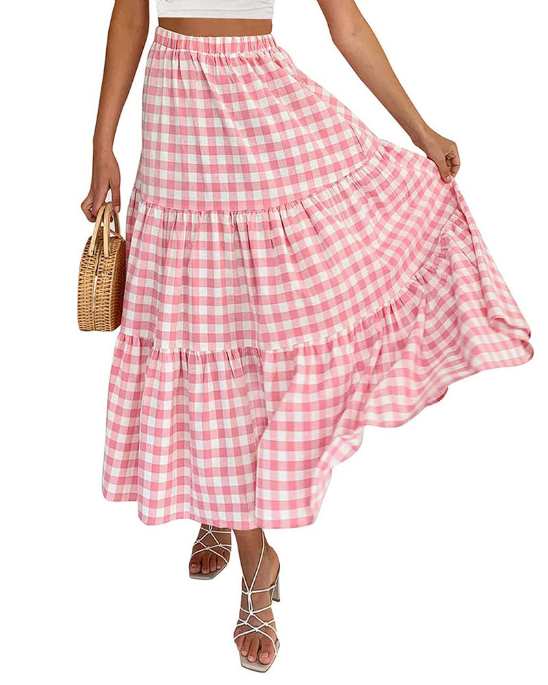 Women's Boho Elastic High Waist Ruffle A Line Swing Beach Long Maxi Skirt with Pockets - Zeagoo- Plaid Pink