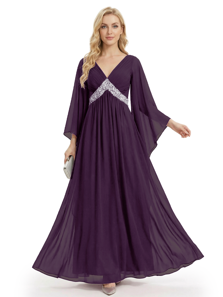 Graceful Empire Waist Mother Of The Bride Dress Chiffon V-Neck Flutter Sleeve Maxi Gown