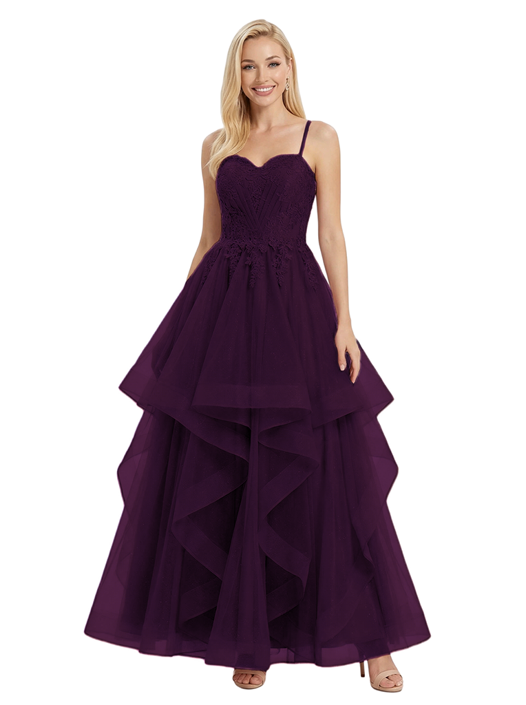 ChicSew Elegant Tiered Tulle A-Line Spaghetti Straps Lace Applique Ball Gown Formal Dress