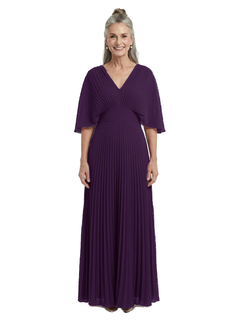 ChicSew Classy V-Neck Pleated Mother Of The Groom Dress With Flutter Sleeves Flowy Empire Waist Chiffon Evening Gown