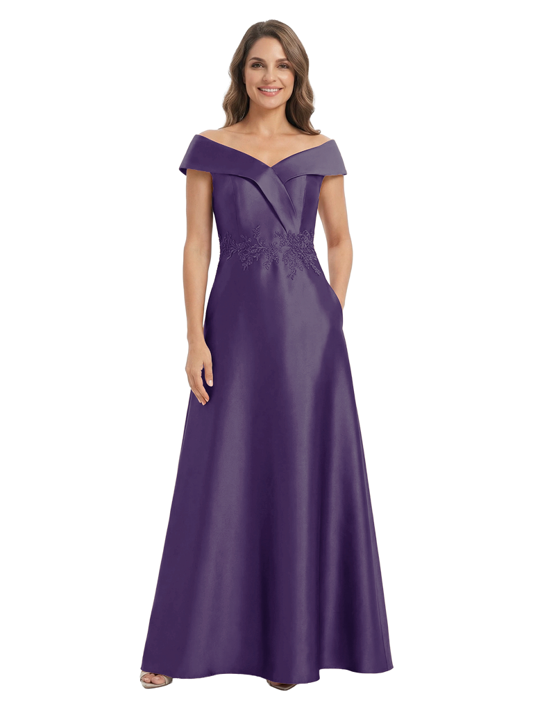Chicsew Modern Off The Shoulder Applique Silky Satin A-Line Mother Of The Bride Dress
