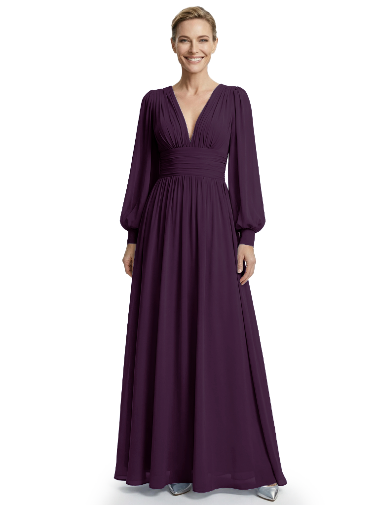 Elegant V-Neck Chiffon Mother Of The Bride Gown Pleated Long Sleeves A-Line Dress