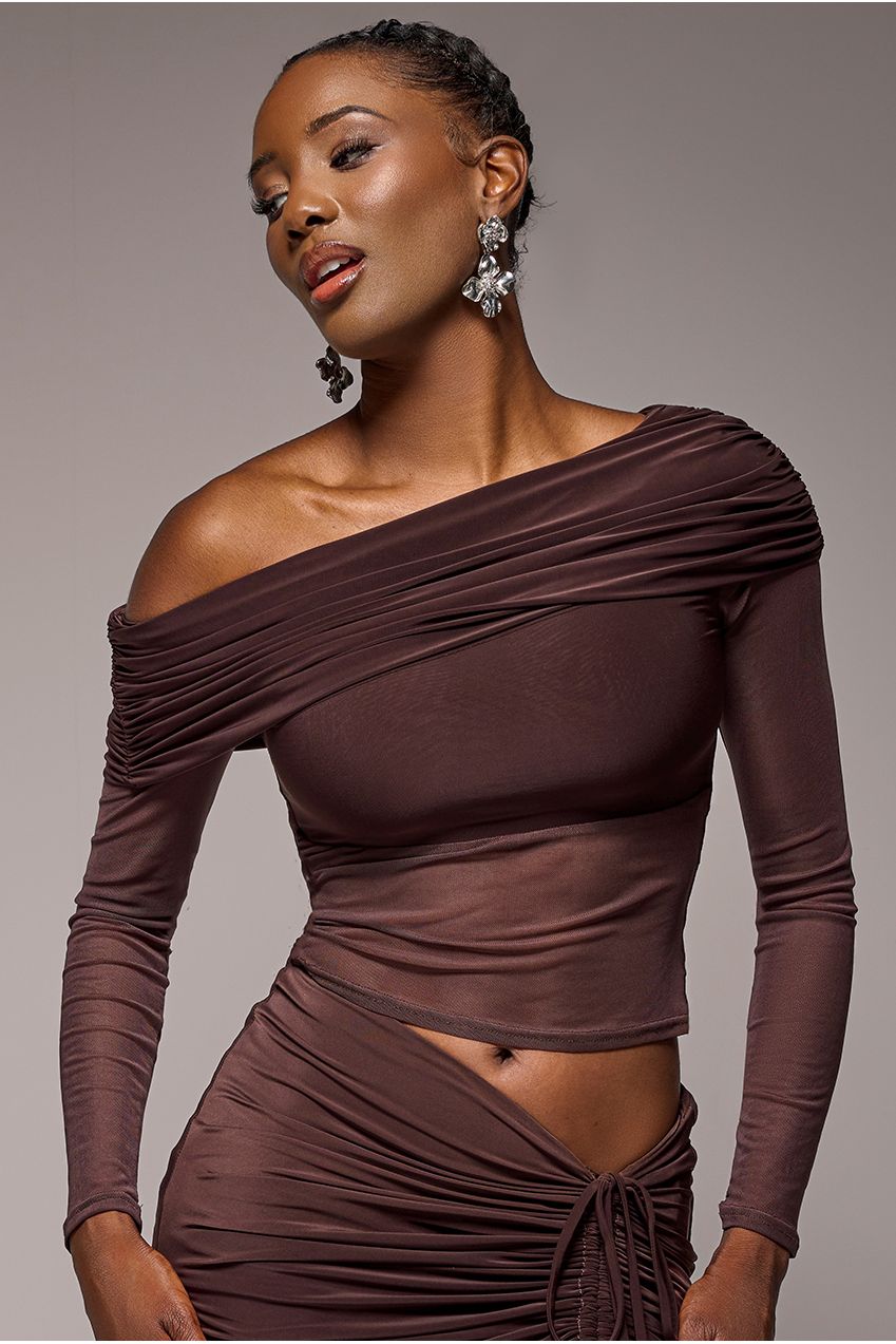 Goddiva Gathered Bardot Asymmetric Mesh Panel Top