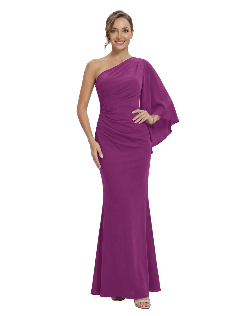 Chicsew Mother of The Bride Dress One Shoulder Draped Trumpet Maxi Gown Unique Flowy Sleeve Design
