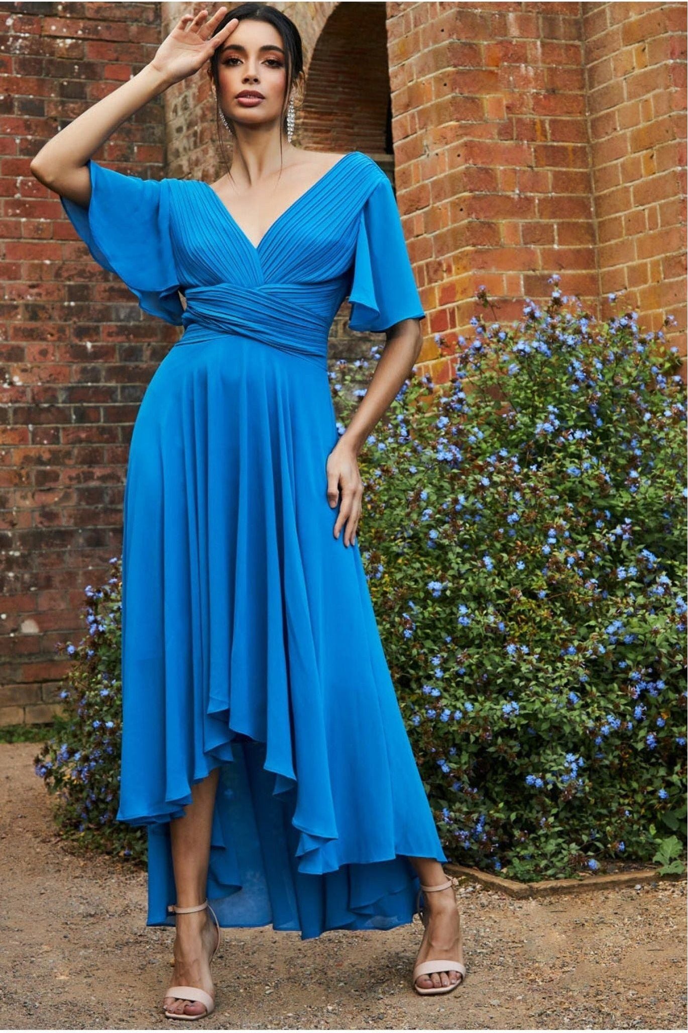 Goddiva Pleated Chiffon High Low Midi Dress