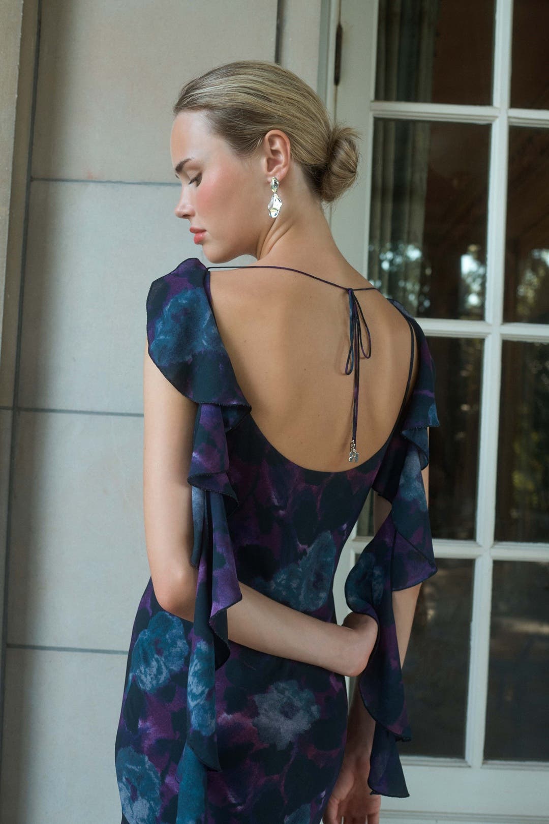 Rotate Chiffon Maxi Ruffle Dress Purple-black-print