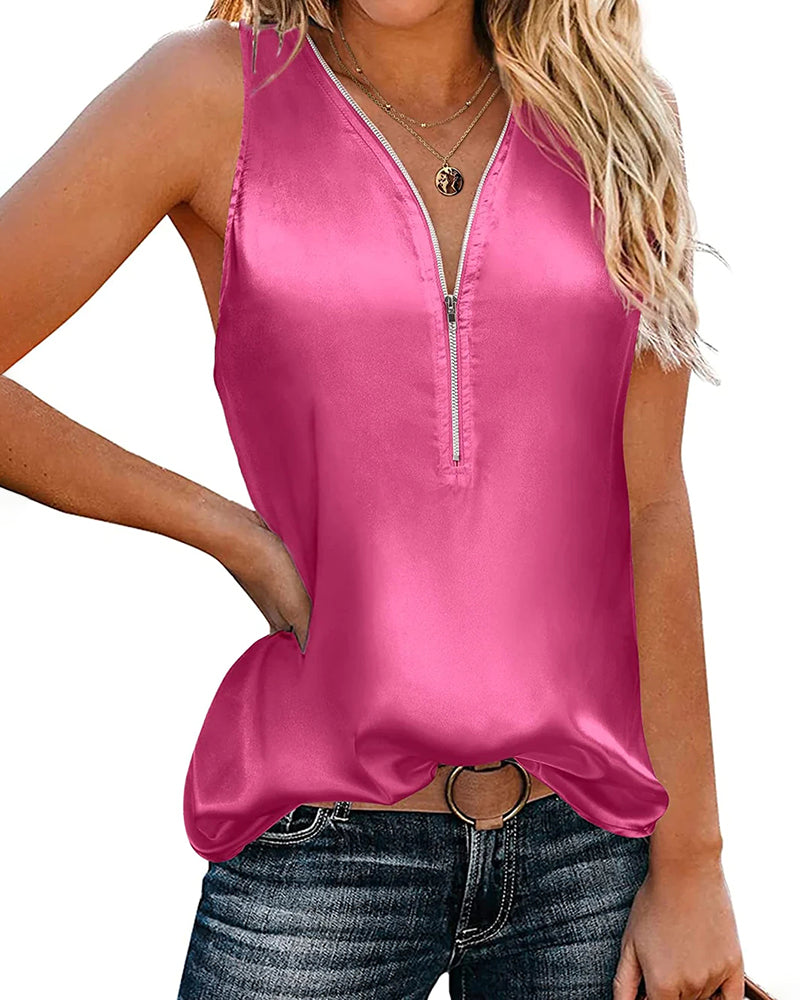 Womens Satin Tops V Neck Silk Tank Top Summer Camisole Sleeveless Blouse Loose Cami Zipper Basic Shirt - Zeagoo- Red