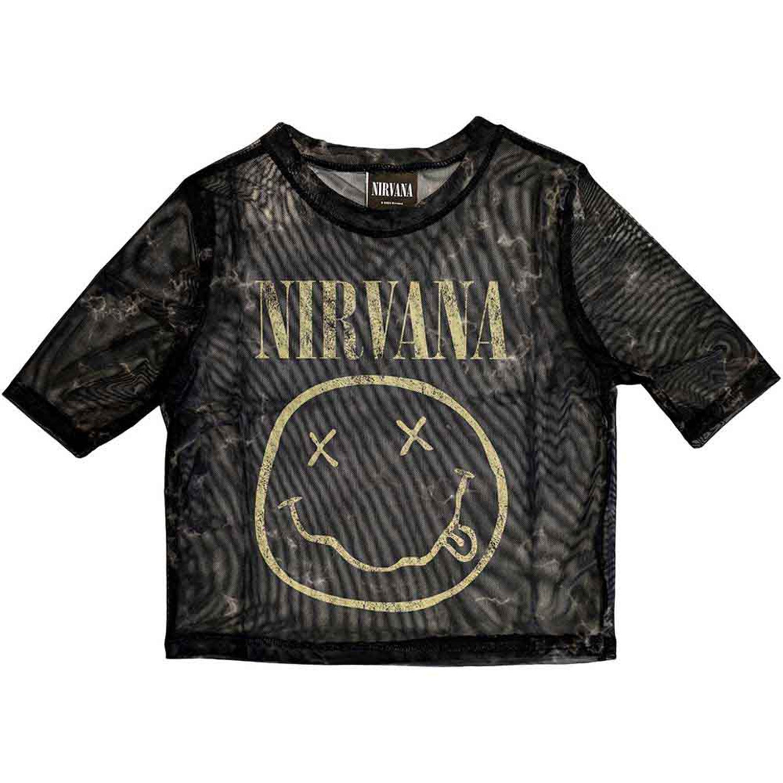 NIRVANA - YELLOW HAPPY FACE - Crop Top Black Mesh