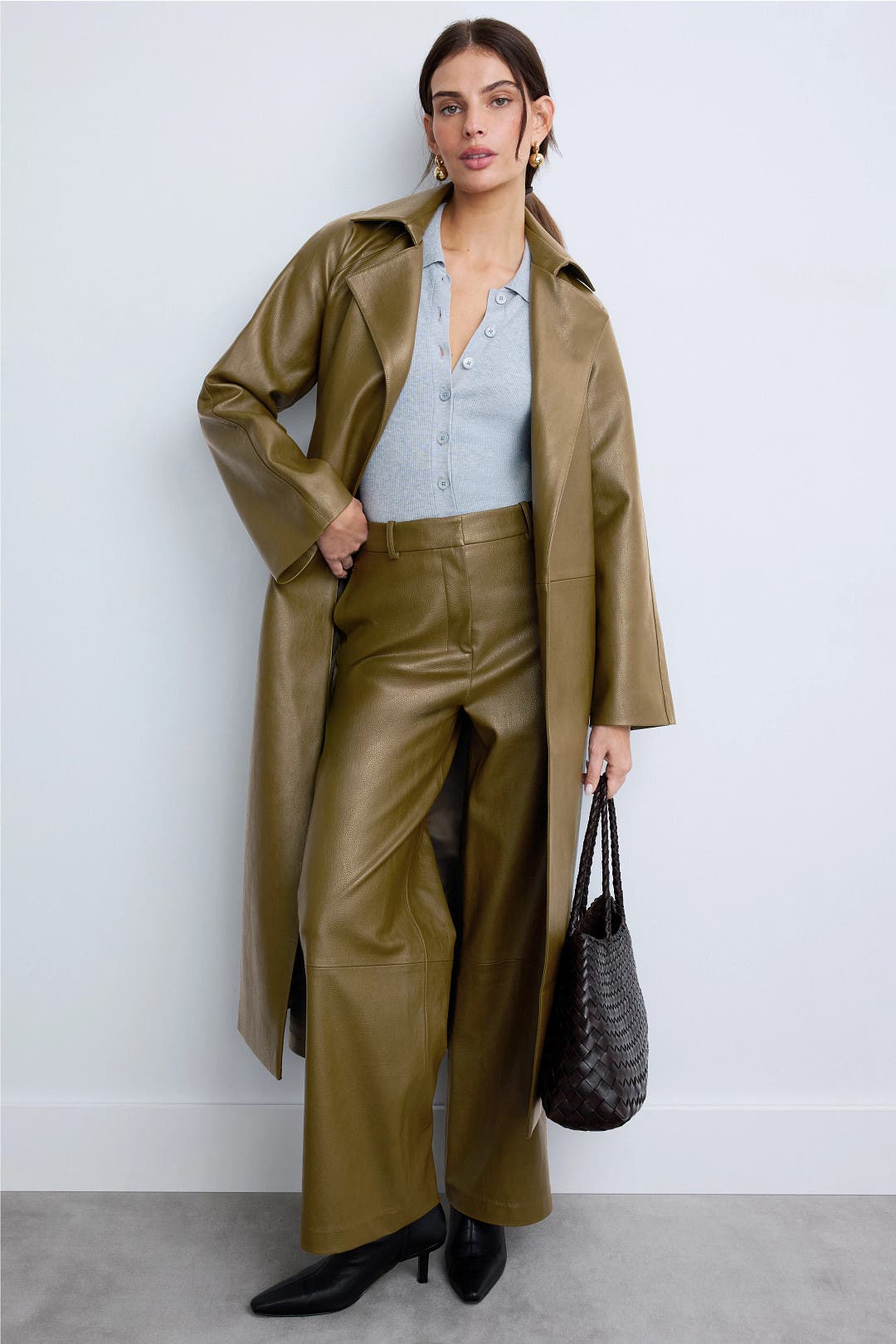 Rosetta Getty x RTR Grommet Belted Faux Leather Trench Coat Green