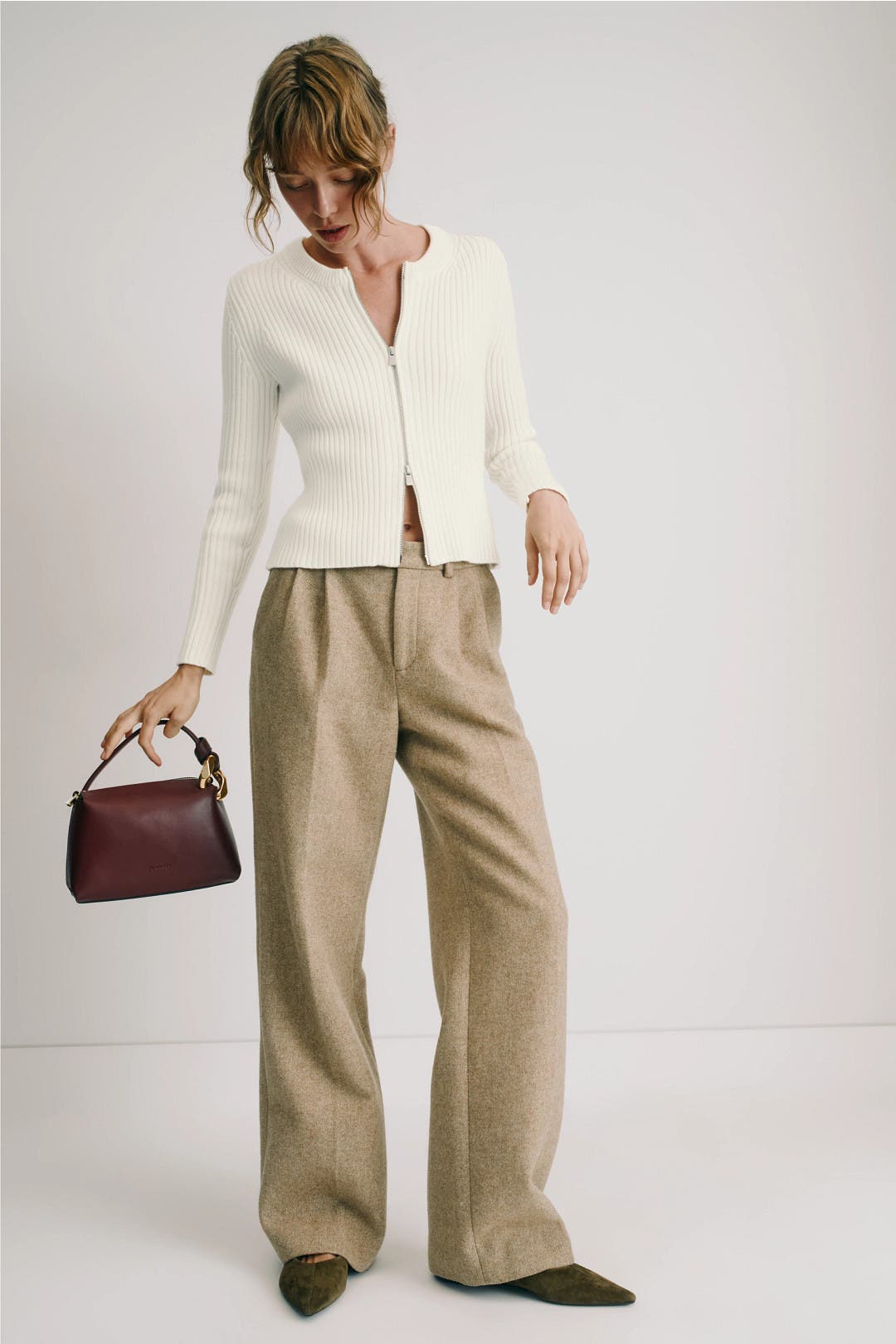Rosetta Getty x RTR Crew Neck Zip Front Cardigan Cream