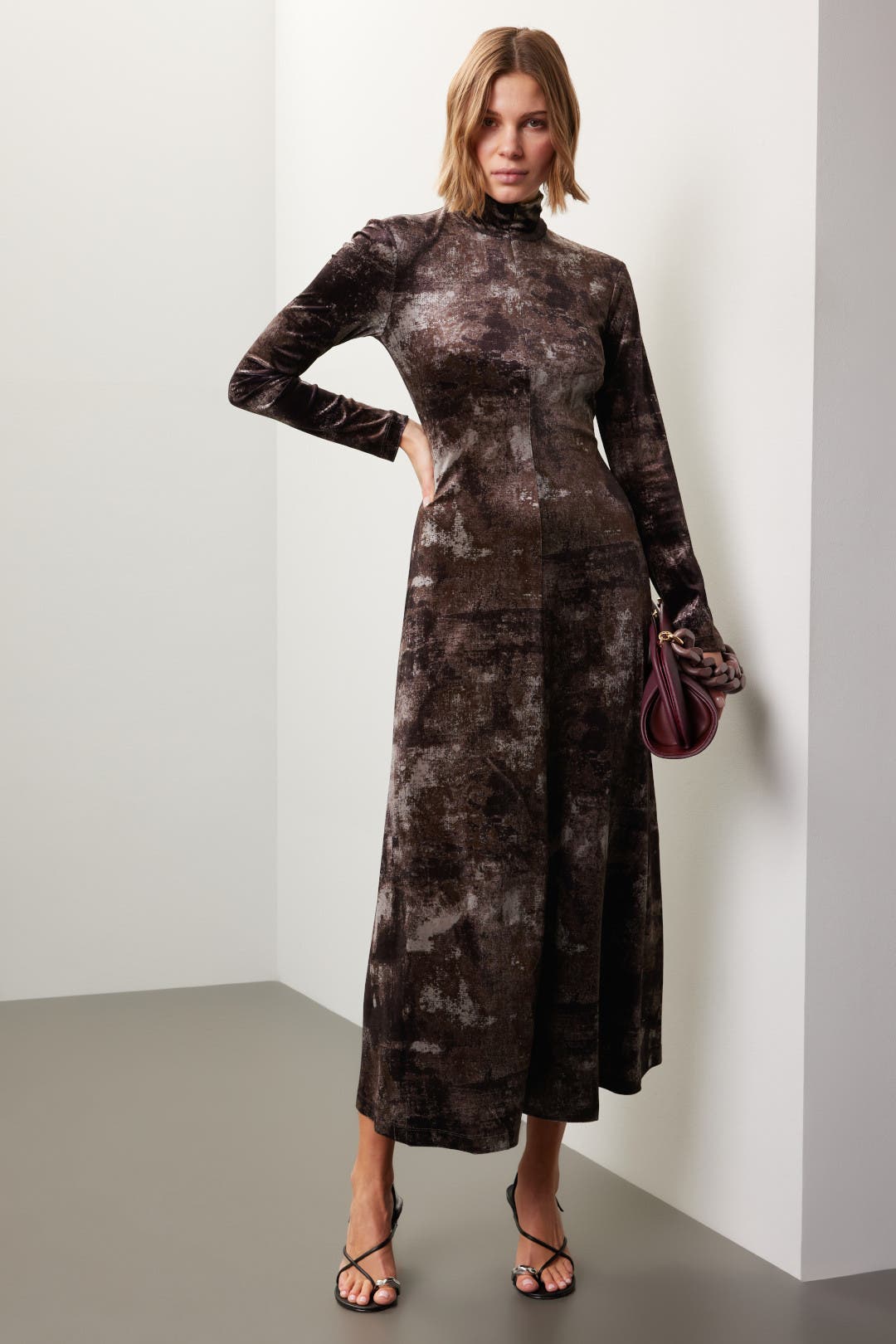 Rosetta Getty x RTR Velvet Mock Neck Dress Brown-print