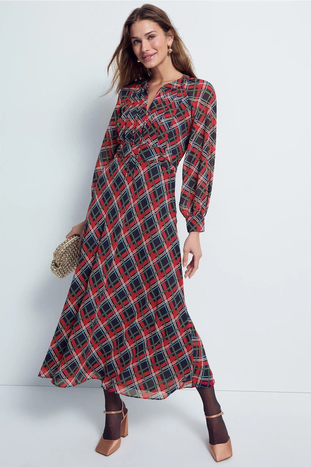 Rixo x RTR Tie Neck Puff Sleeve Midi Dress Multicolored-print