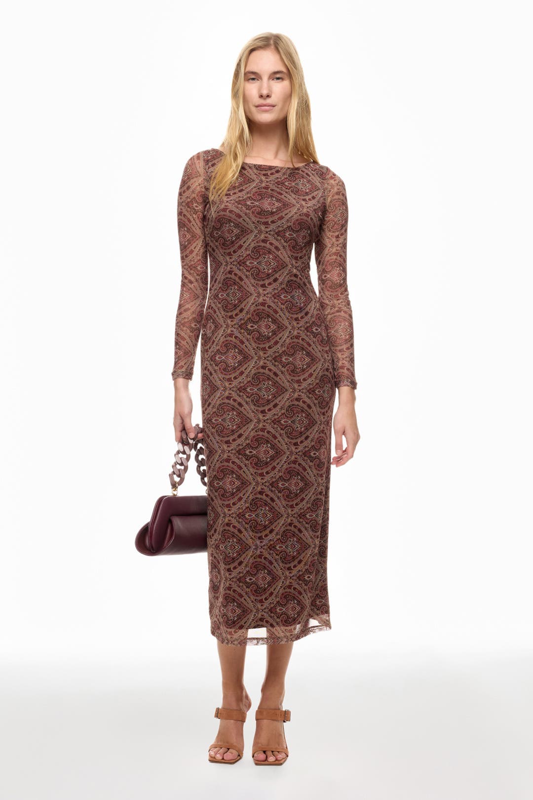 Ronny Kobo x RTR Printed Mesh Midi Dress Brown-multicolored-print