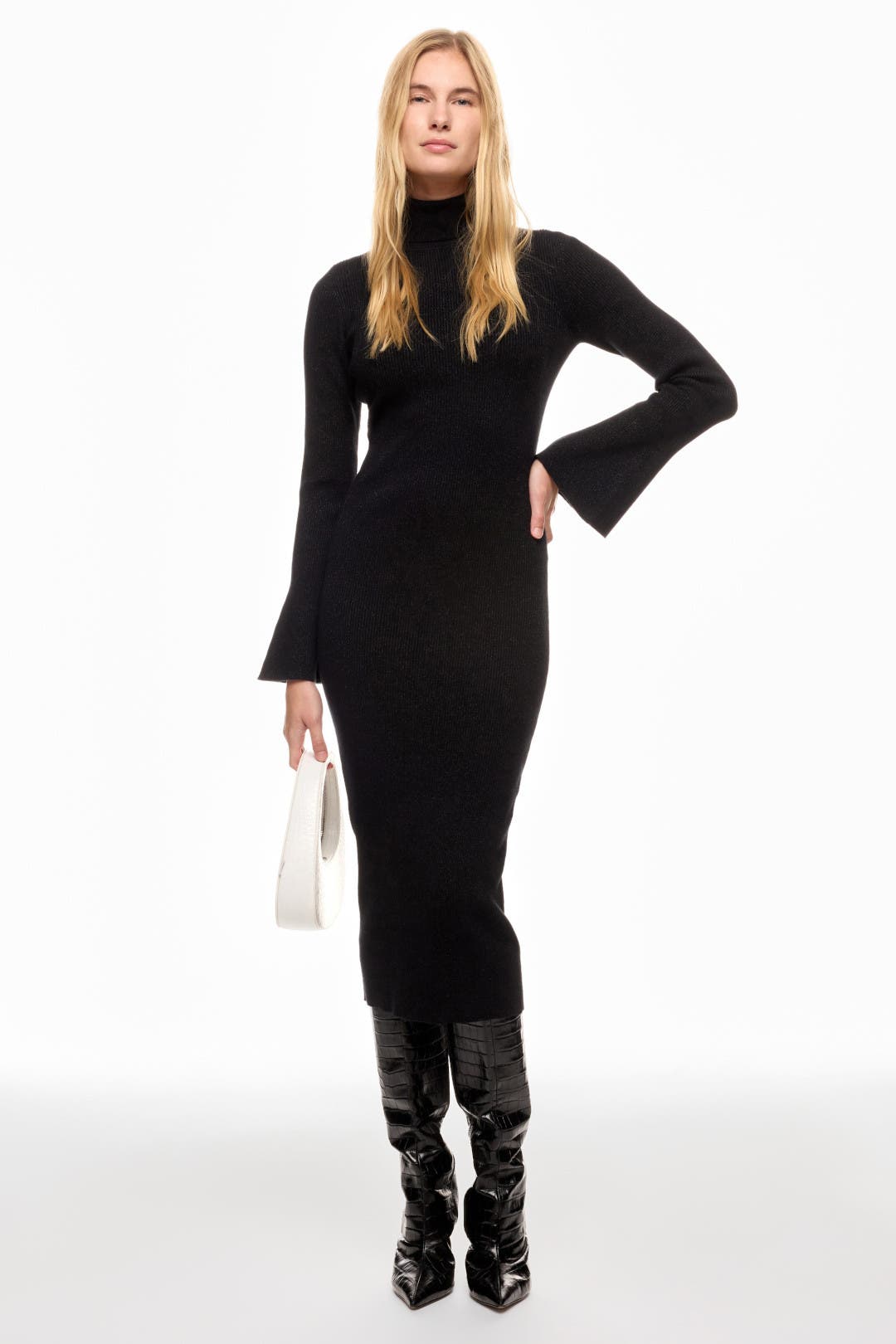 Ronny Kobo x RTR Sparkly Flare Sleeve Midi Dress Black