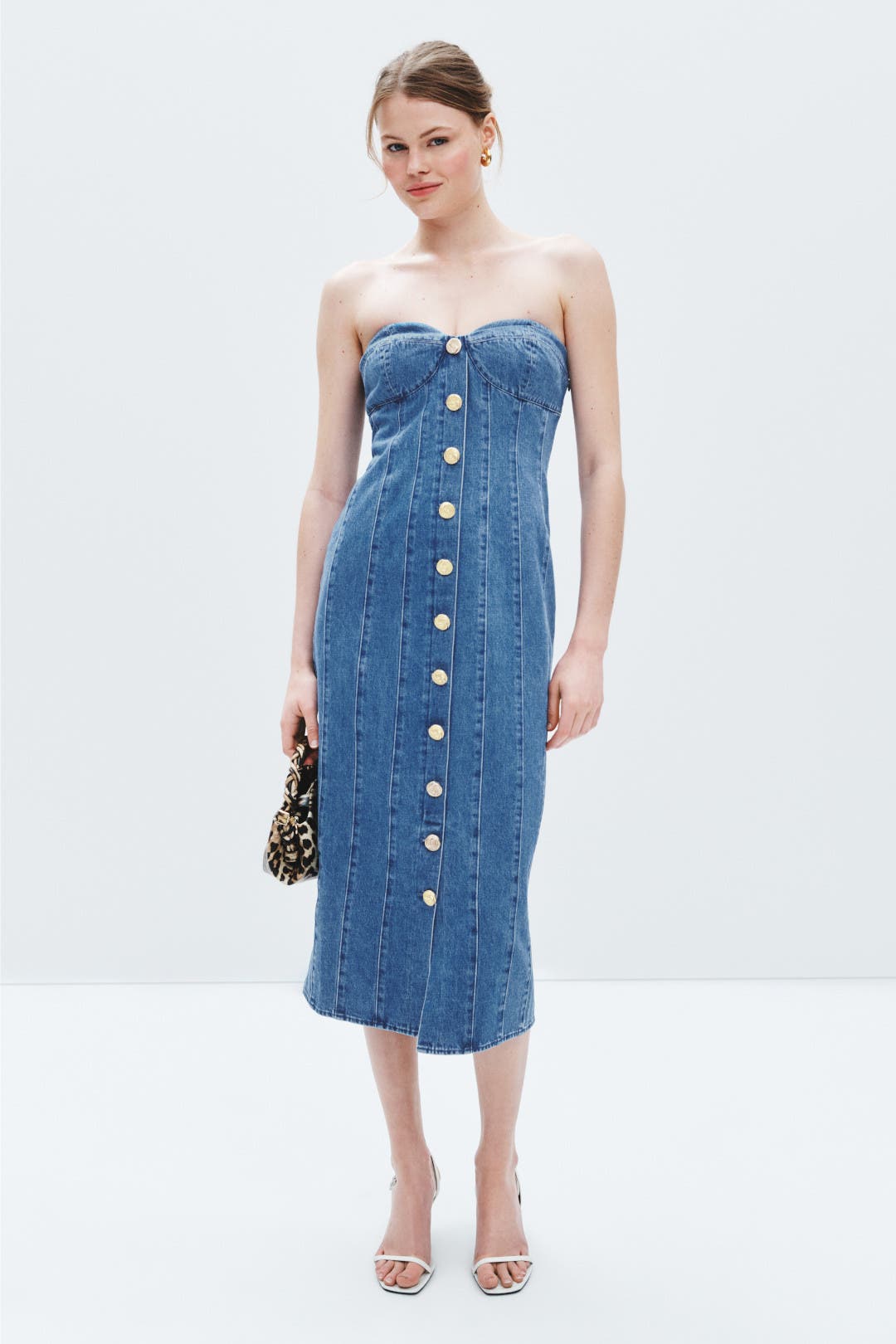 Ronny Kobo x RTR Strapless Denim Midi Dress Blue
