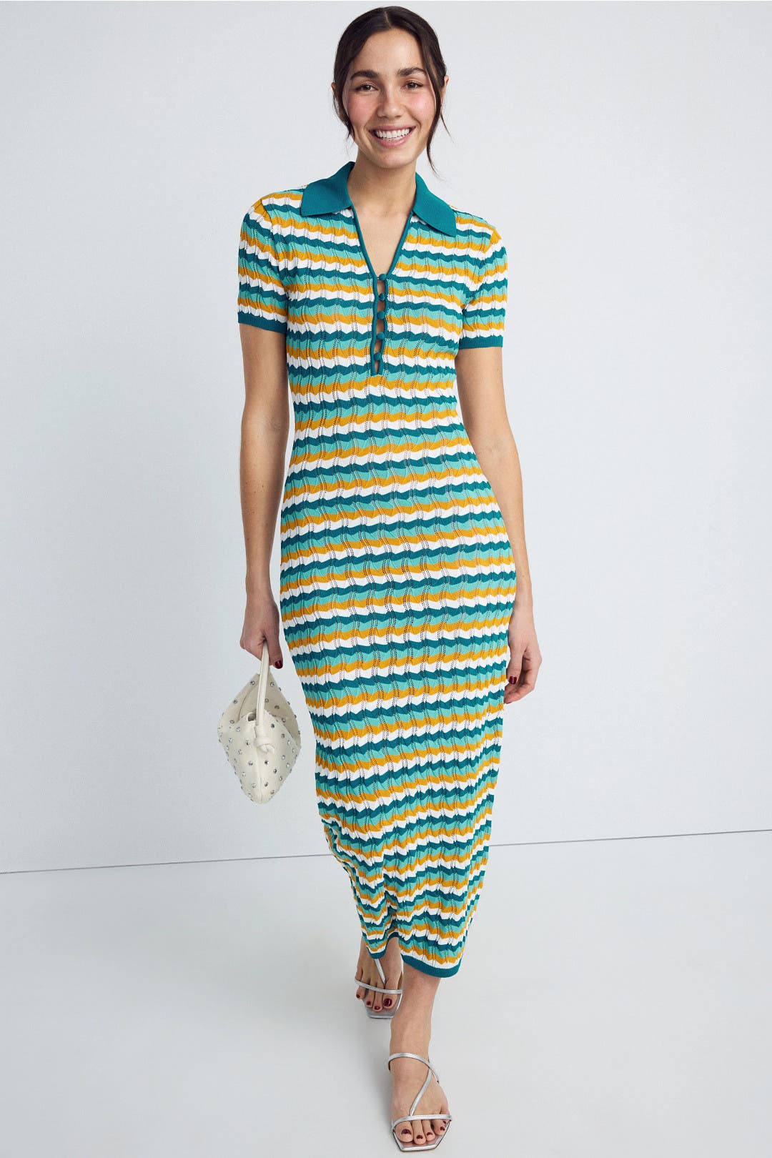Ronny Kobo x RTR Crochet Collared Dress Green-multicolored-print