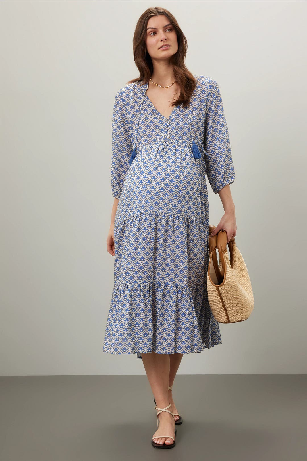ripe Mila Longline Tiered Maternity Dress Blue-black-print