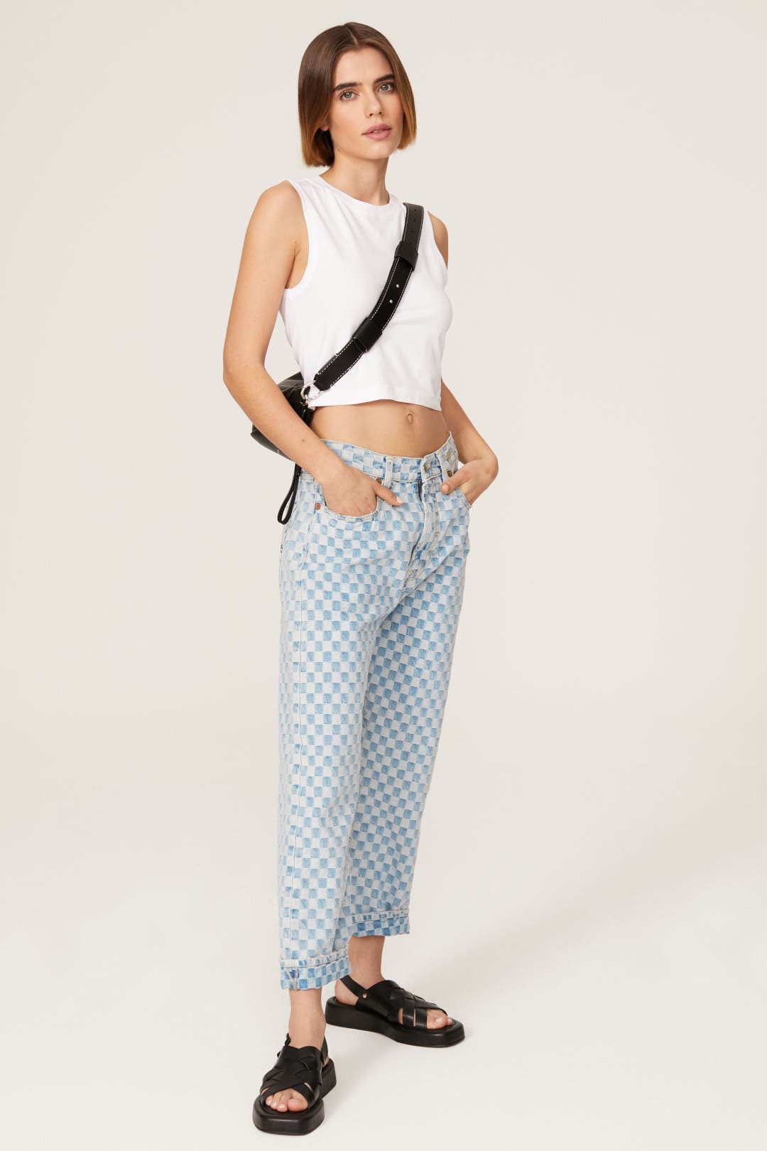 R Checkerboard Boyfriend Jeans Blue-print