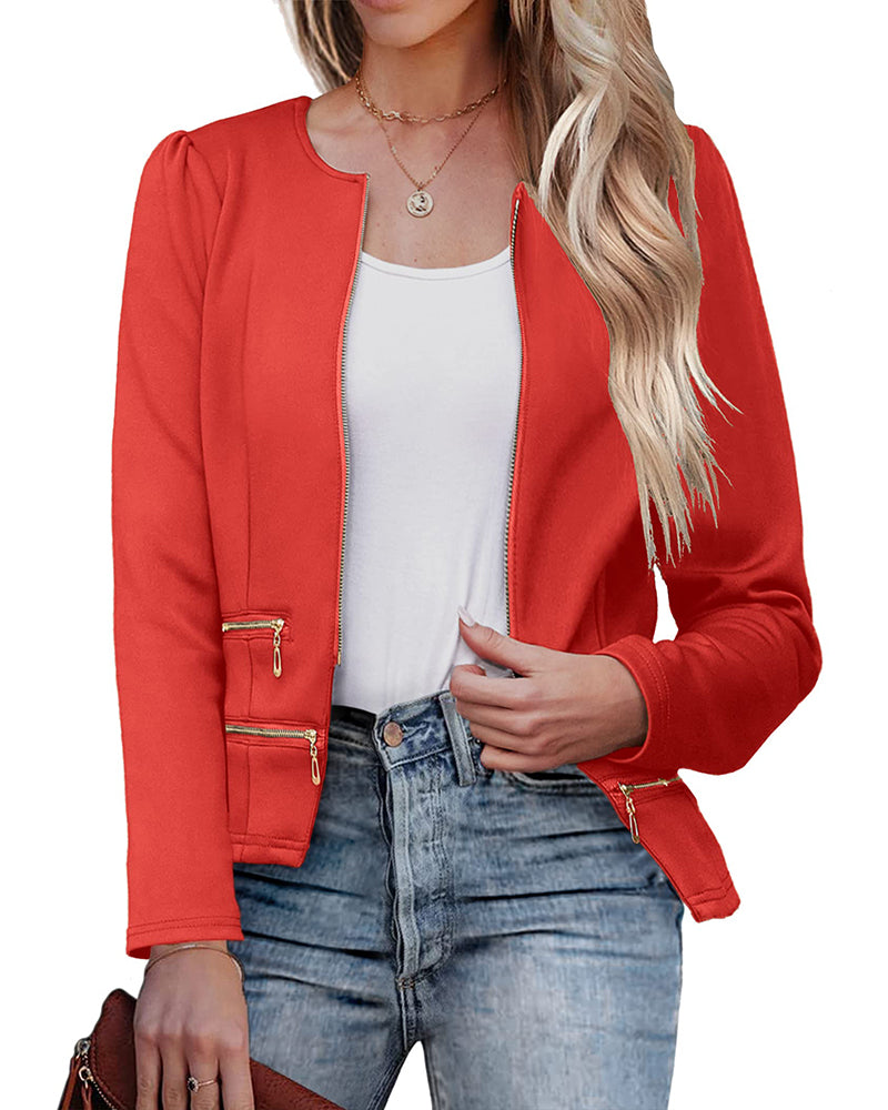 Zeagoo Womens Blazer Cropped Open Front Zipper Dress Jacket O Neck Casual Office Suit Jacket - Red S