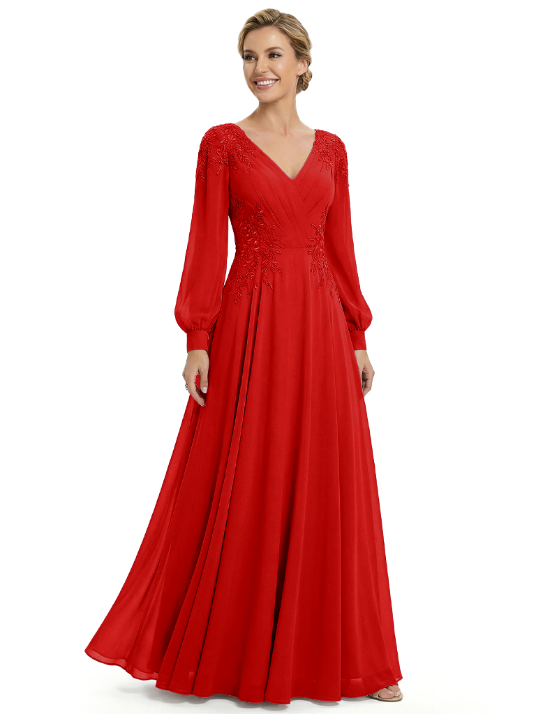 Beautiful Mother Of The Bride Dresses V-Neck Long Sleeves A-Line Formal Wedding Event Dress