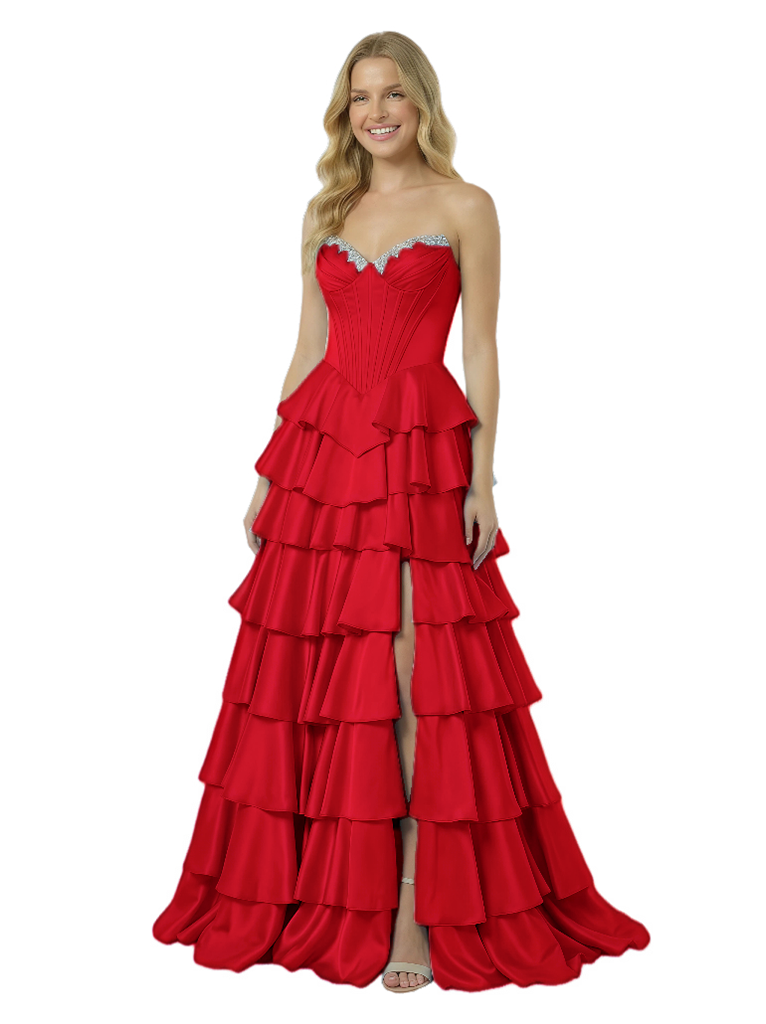 Sexy Strapless Sweetheart Ruched Corset Side Slit A-Line Satin Maxi Prom Dress