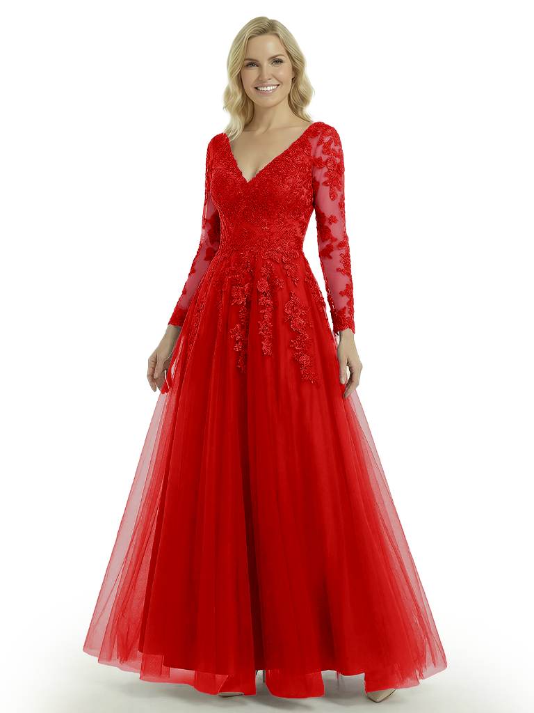 Fancy V-Neck A-Line Long Sleeves Lace Mother Of The Bride Dress