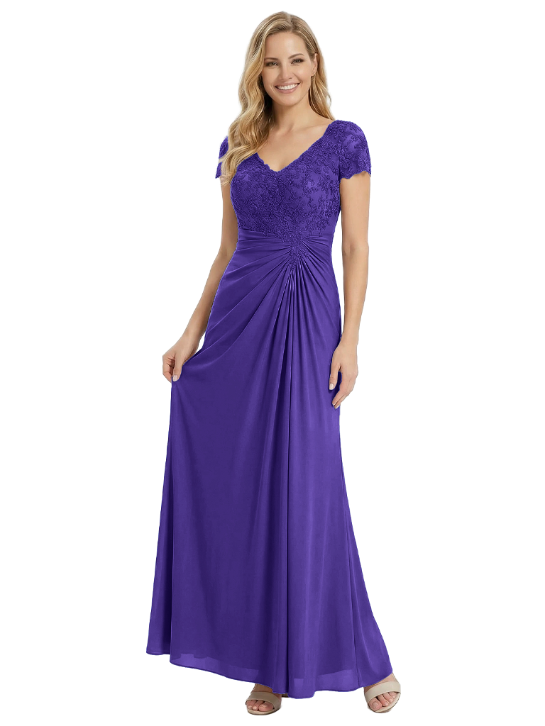 Chicsew Mother of The Groom Dresses V-Neck Short Sleeve Lace Chiffon Maxi Gown Classy Ruched Formal Bridal Party Dress